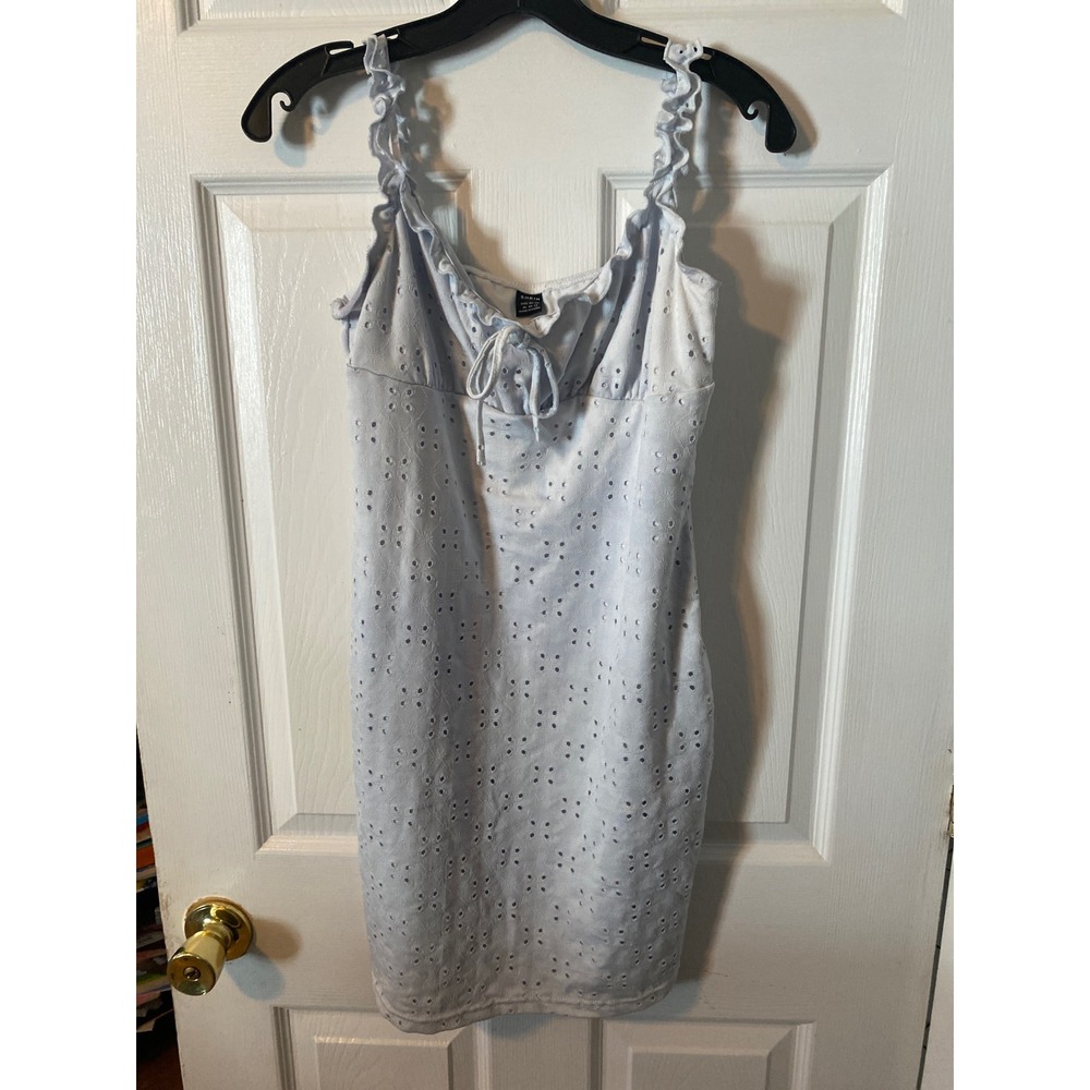 Shein Light Blue Eyelet Mini Dress Ruffle Strap Tie Front Cottagecore XL 12